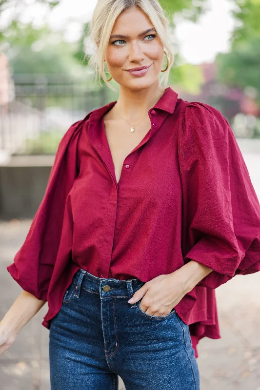 End Of Season Sale Clothing Let's Run Burgundy Red Bubble Sleeve Blouse