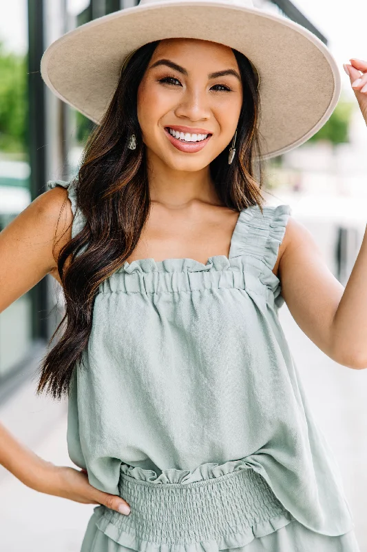 Elegant Women's Evening Garments Keep You Around Dusty Sage Green Ruffled Tank