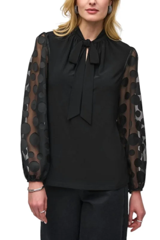 Discount Price Silky Knit Top With Dot Burnout Sleeves In Black