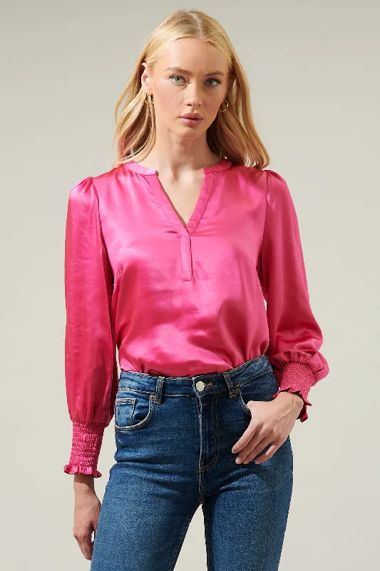 Chic Women's Clothing Henley Satin Long Sleeve Blouse