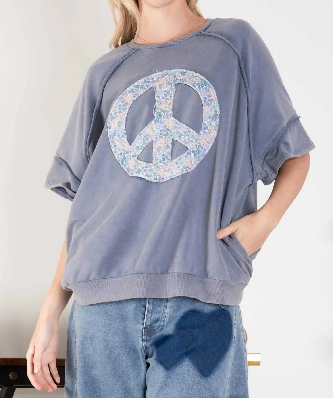 Women's Clothing Brands Mineral-Washed Peace Sign Short Sleeve Terry Knit Top In Teal