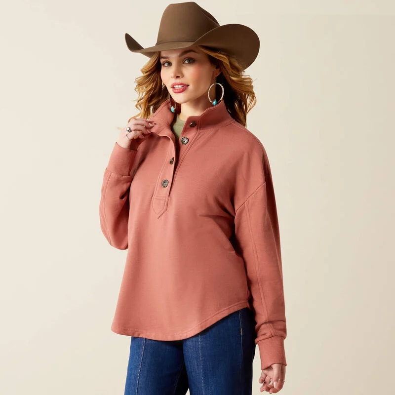 Women's Comfy Loungewear Outfit Ariat Women's Lucky Rose 1/2 Button Sweatshirt in Light Mahogany