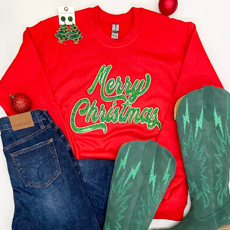 Stylish Women's Apparel Green Sequin Merry Christmas Patch Graphic Sweatshirt in Red