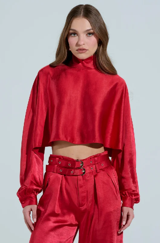 Outlet Clothing FEELIN' THE LOVE SATIN MOCK NECK BLOUSE IN RED