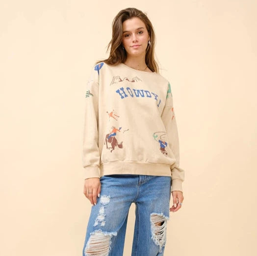 Women's High-Fashion Outfit Women's Howdy Western Graphic Sweatshirt in Taupe