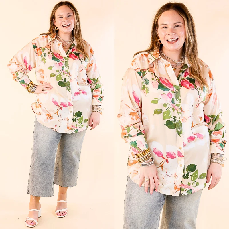 Trendy Fashion For Women Tell Me Something Good Floral Long Sleeve Button Up Top in Beige