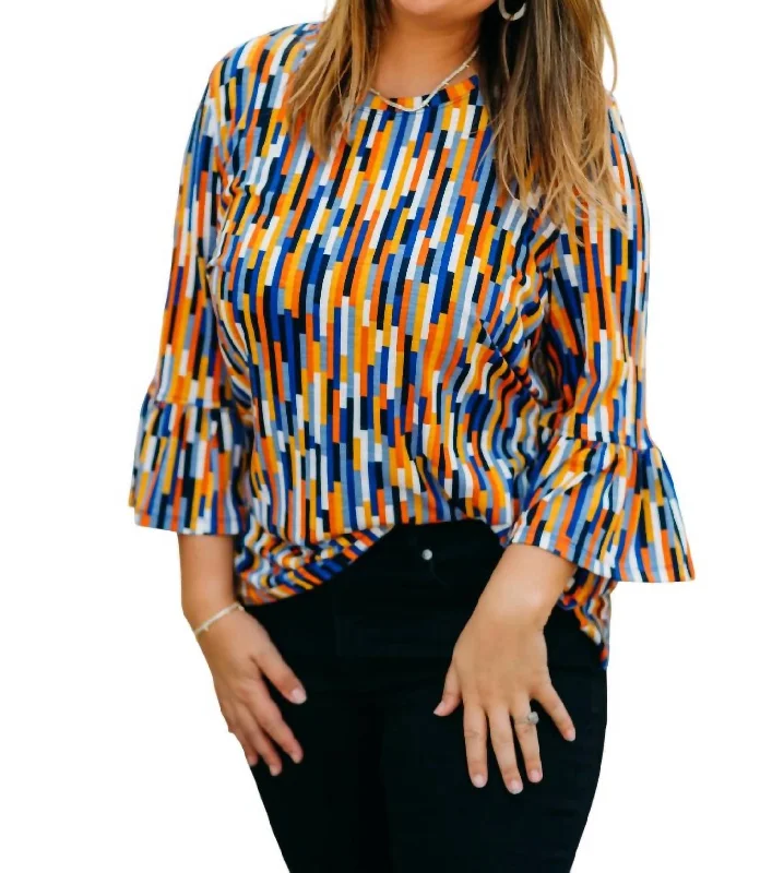 Women's Comfy Attire For Lounging 3/4 Flounce Sleeve Wide Neck Top In Multi