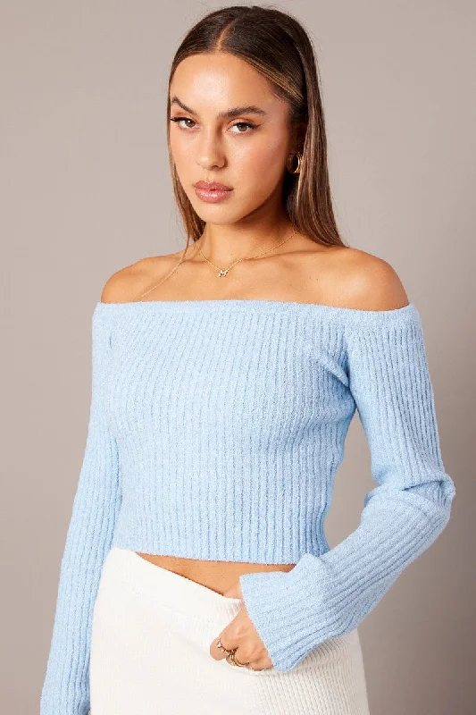 Affordable Women's Clothing Sale Online Blue Knit Top Long Sleeve Off Shoulder