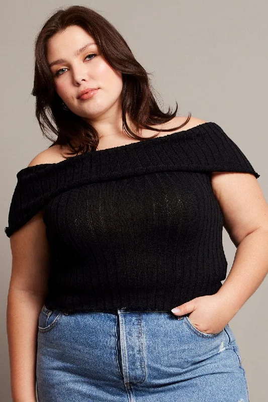 Clothing Sales Black Off Shoulder Knit Top