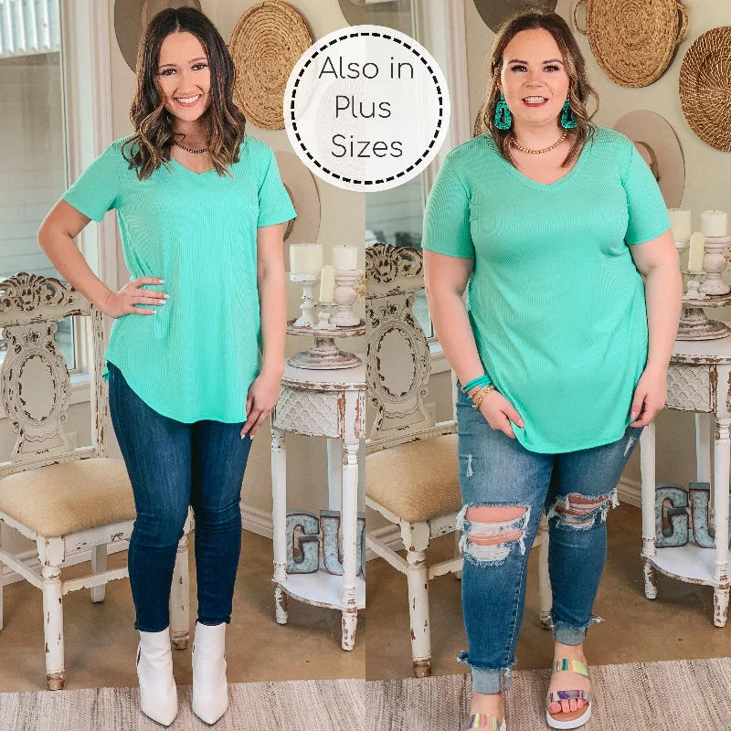 Women's Office Outfit Simply Obsessed Ribbed Short Sleeve V Neck Top in Mint