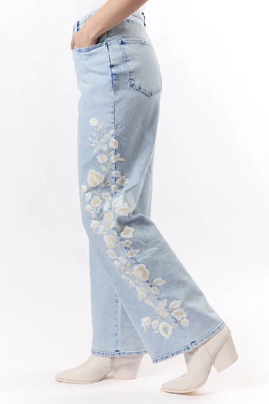 Daisy Light Wash Floral Embroidered Wide Leg Jeans