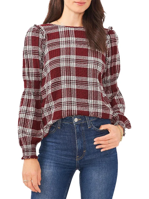 Women's Athletic Garments Womens Plaid Ruffled Pullover Top