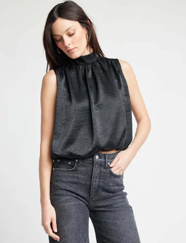 Trendy Online Boutiques Cora Sleeveless Blouse, Black Satin