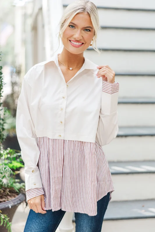 Women's Work Outfit On Your Way Up Ecru White Striped Blouse