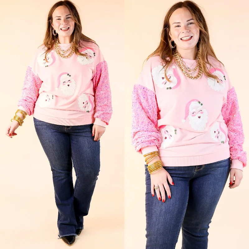 Women's Active Garments For Workouts Sequin Santa Crewneck Sweatshirt with Velvet Sleeves in Light Pink