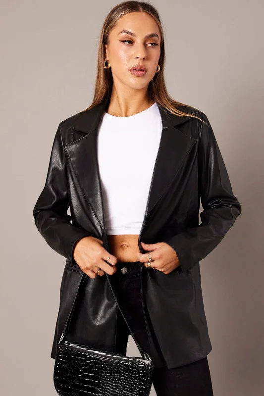 Women's Classic Attire Black Jacket Faux Leather Collared