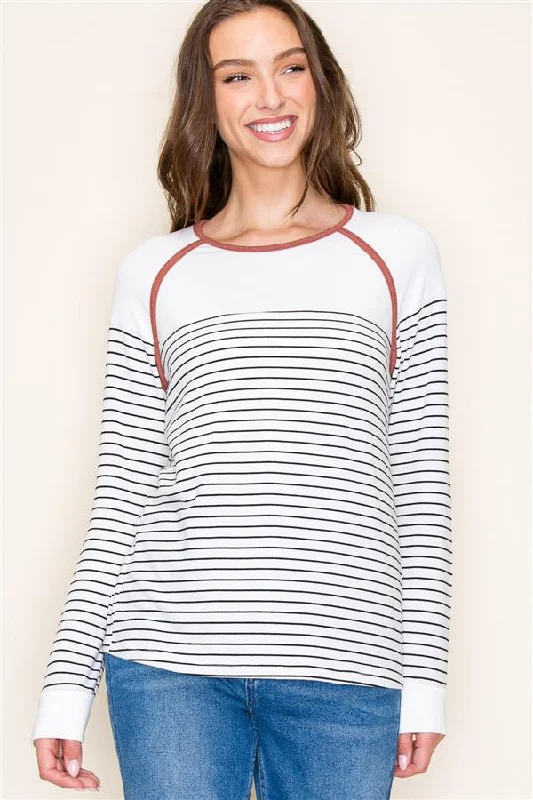 Women's Clothing Online Rust Trim Striped Long Sleeve Top