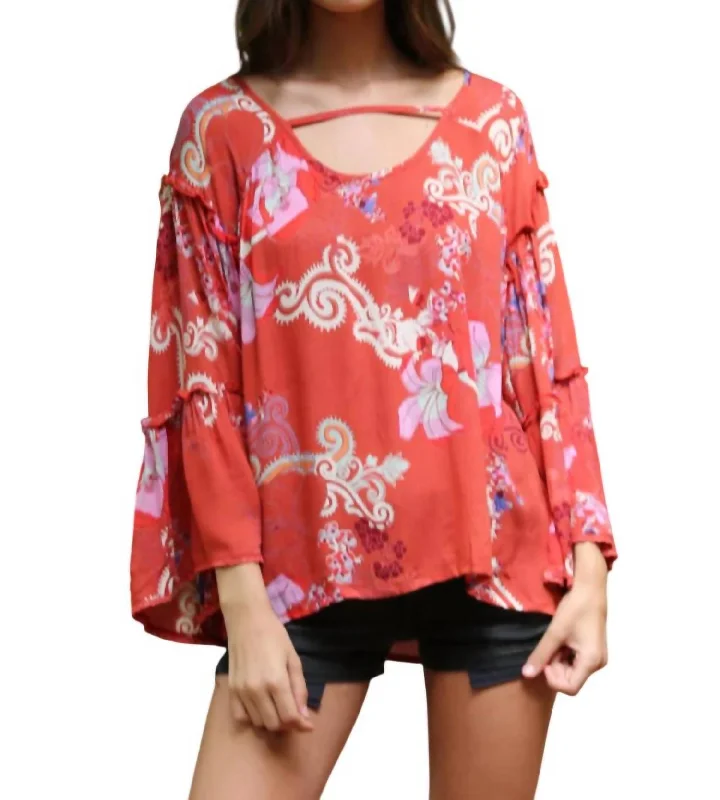 Elegant Women's Attire Floral Ruffle Seam Bell Sleeve Tunic In Watermelon