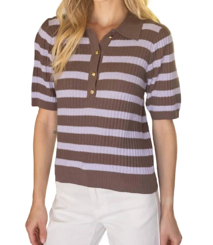 Sales Clothes Accent Button Short Sleeve Striped Knit Top In Lavender/cocoa