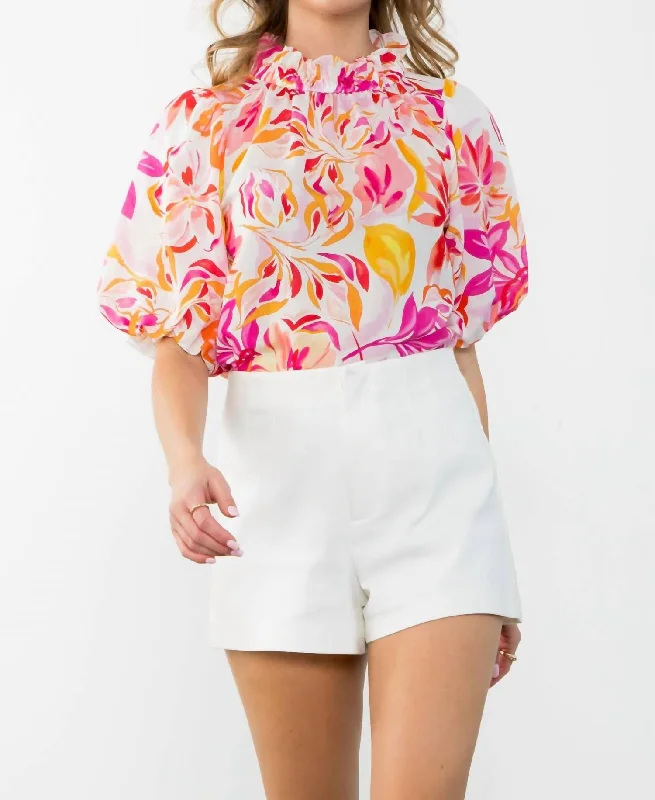 Women's Apparel Puff Sleeve Flower Print Top In Floral Pink