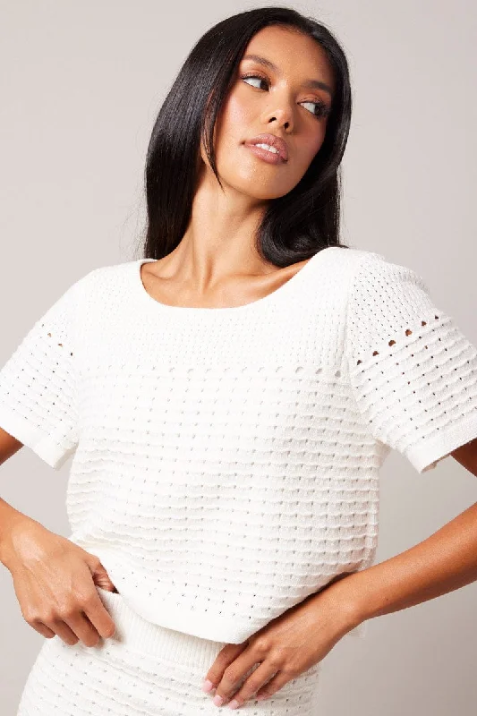 Stylish Women's Clothes for Work and Play White Knit Top Short Sleeve Crochet