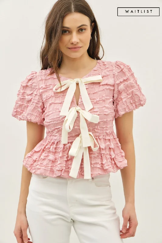 Women's Casual Wear Outfit Waitlist 5/10 ♥ Marley Short Sleeve Bow Tie Bubble Babydoll Top Pink