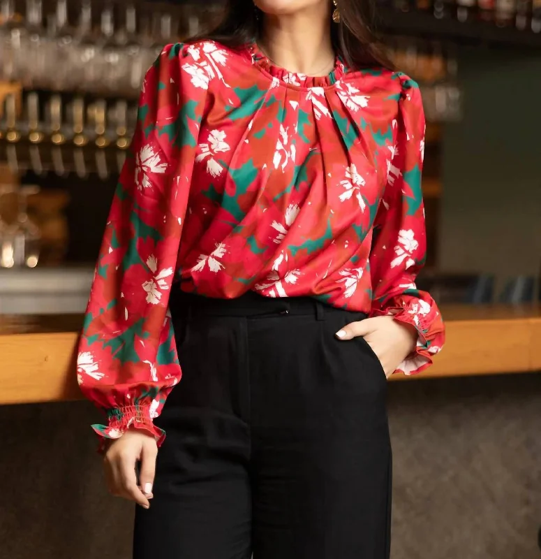 Women's Chic Outerwear Attire Holiday Floral Top In Red