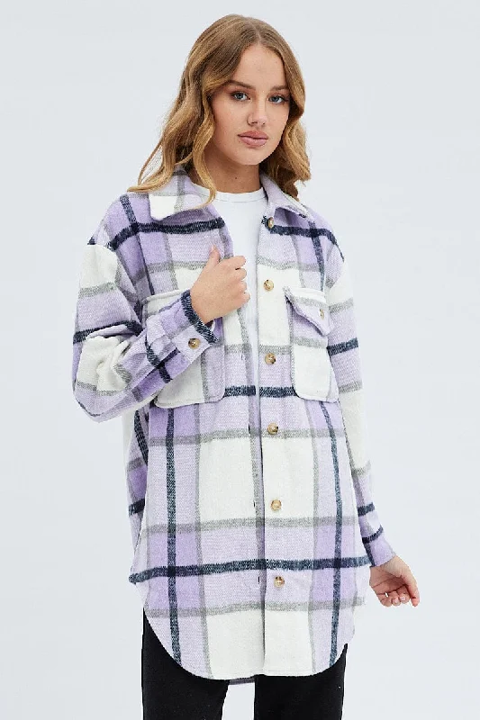 Women's Athleisure Apparel Purple Check Long Checked Print Jacket Long Sleeves