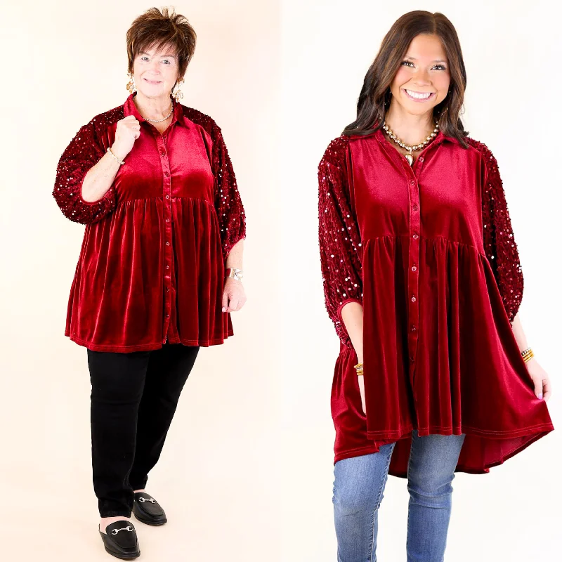 Women's Vintage Garments Love Link Button Up Velvet and Sequin Half Sleeve Babydoll Tunic Top in Wine Red