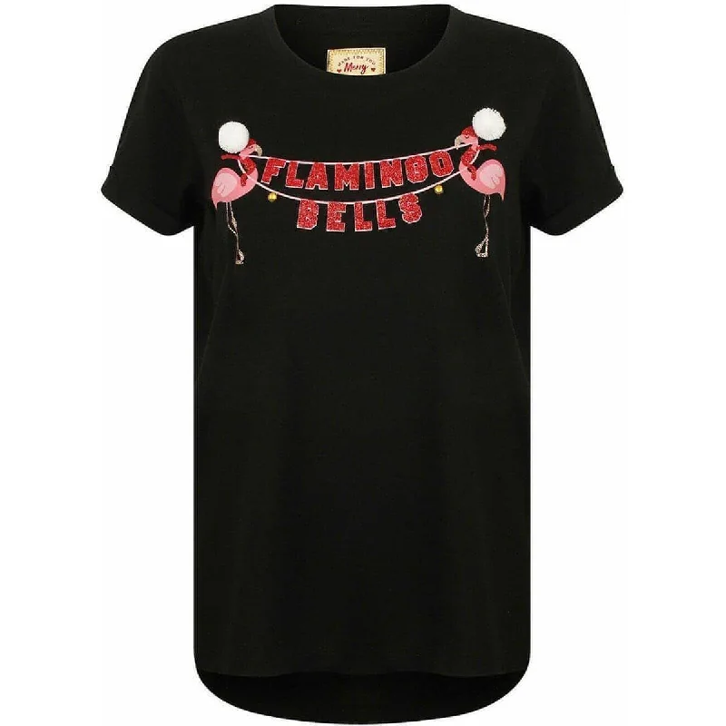 Trend Alert Season's Greetings Flamingo Bells Womens Christmas Short Sleeve Top - Black