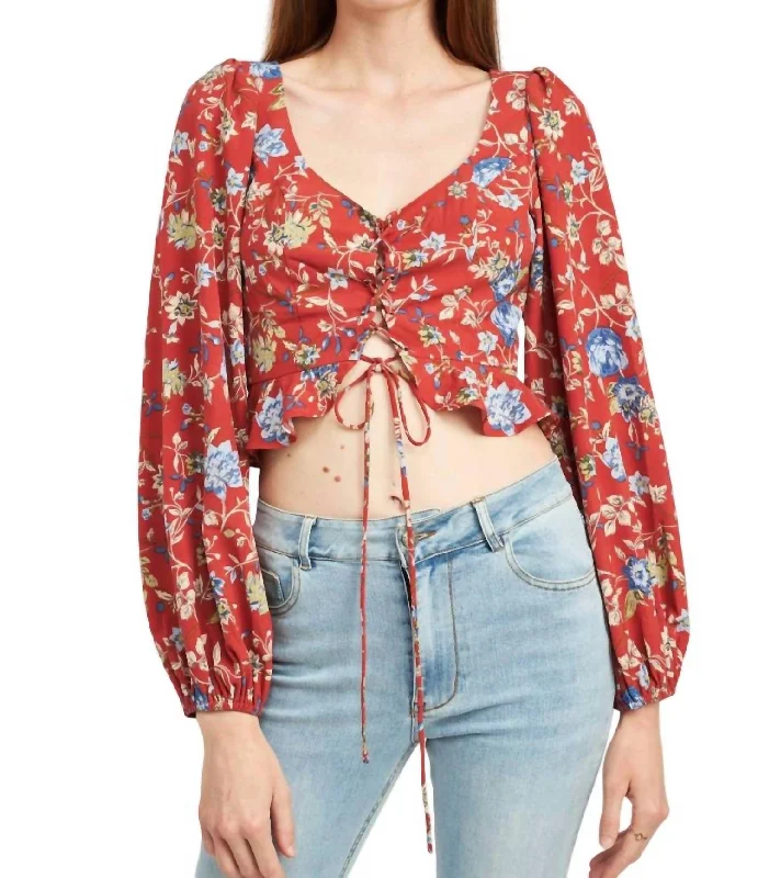 Women's Classic Outfit Lace Up Front Floral Top In Burnt Red