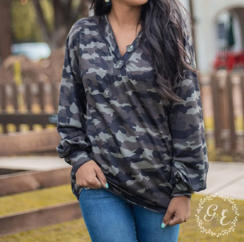 Women's Garments Since You Been Gone Pullover With Balloon Longsleeves And Buttons Top In Camouflage