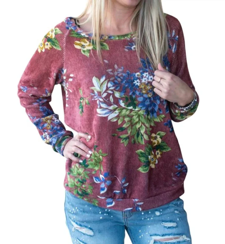 Women's Formal Event Attire Long Sleeve Floral Top In Marsala