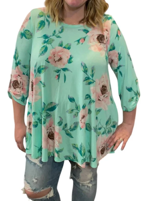 Timeless Women's Fashion Styles Floral Button Back Tunic Top In Mint