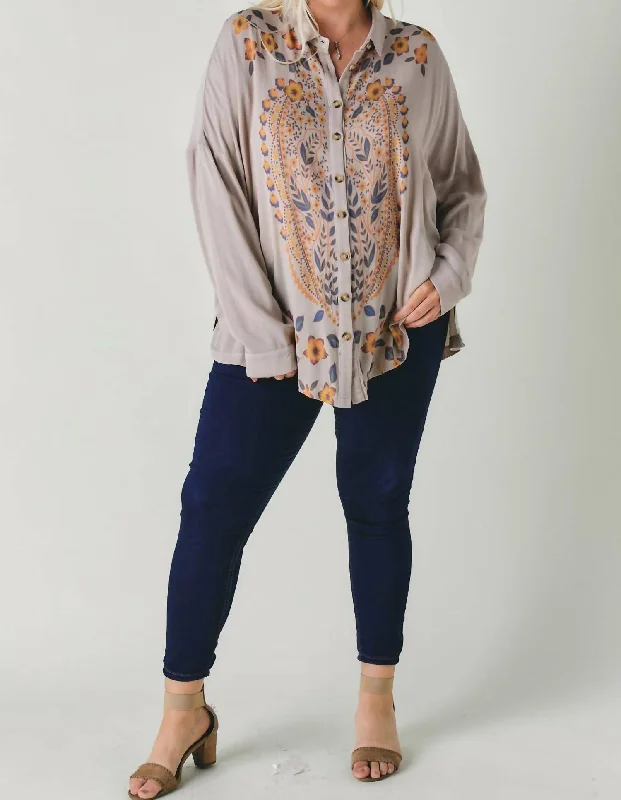 Vintage-Inspired Women's Apparel Floral Printed Button Down Long Sleeve Tunic Plus In Taupe