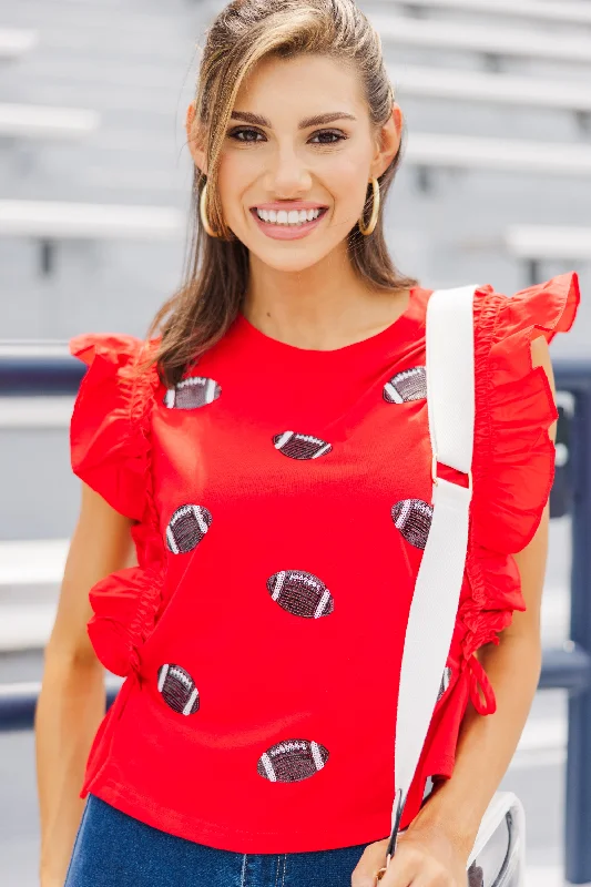 Fashionable Casual Tops Cheer You On Red/Black Sequin Football Blouse