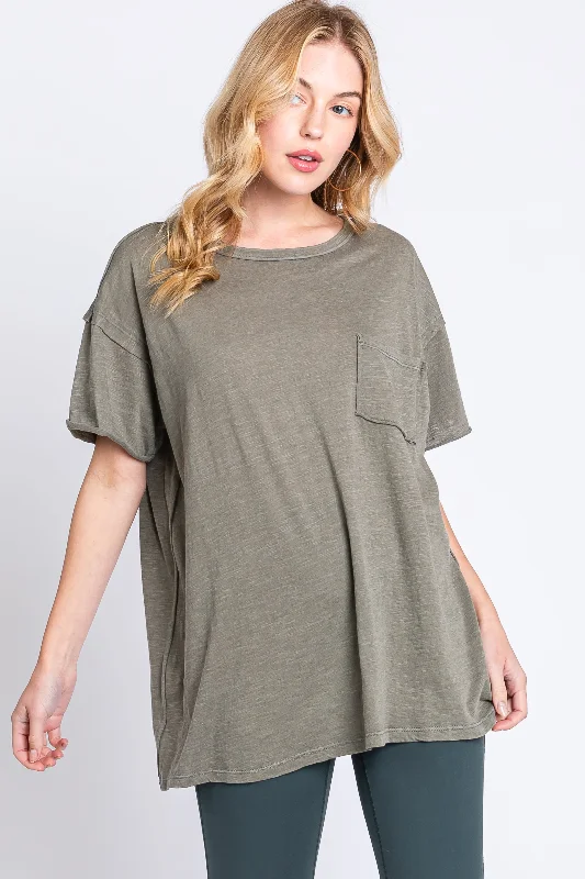 Women's Comfortable Apparel Olive Mineral Wash Front Pocket Short Sleeve T-Shirt