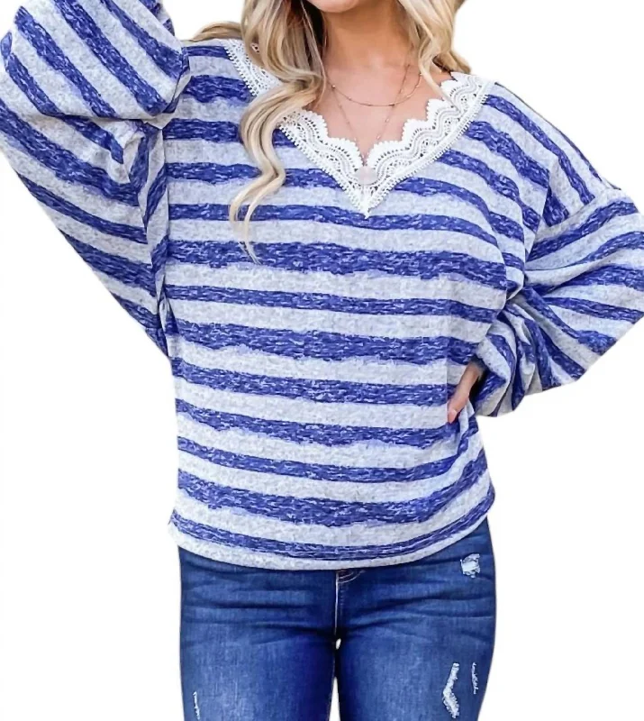 Women's Vacation Attire Striped Lace Detail V Neck Top In Blue