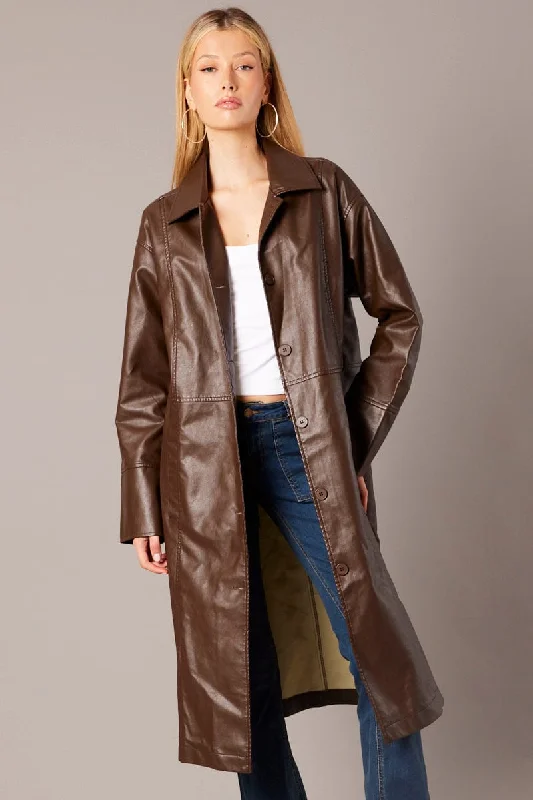 Women's Comfortable Garments Brown Jacket Longline Collar Long Sleeve Faux Leather