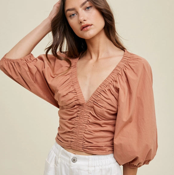 Women's Workout Garments Women's Cropped Ruched Deep V-Neck Blouse in Clay