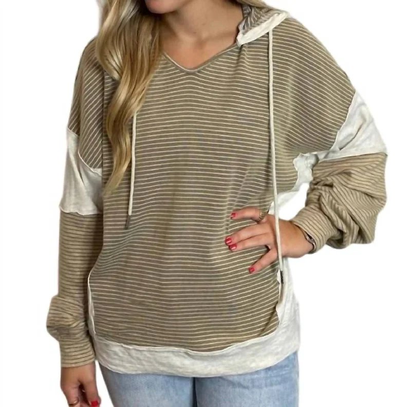 Graceful Fashion Striped V-Neck Hoodie In Mushroom