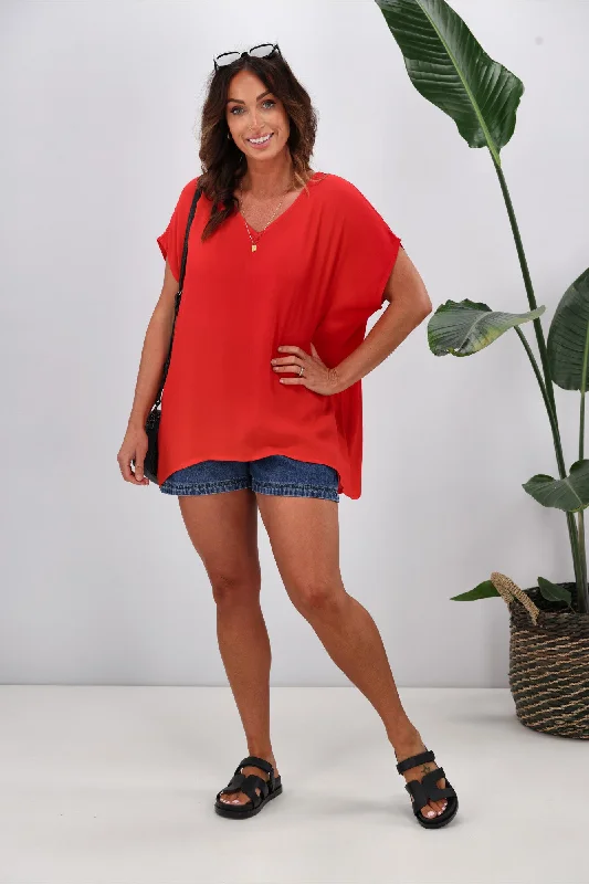 Affordable Women's Garments Shine On Label Summer Essential Drape V Neck Top Crimson