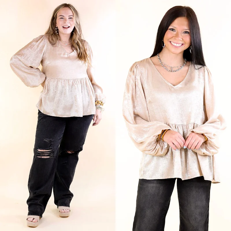 Stylish Women's Apparel Popular Opinion Metallic V Neck Peplum Top with Long Sleeves in Champagne