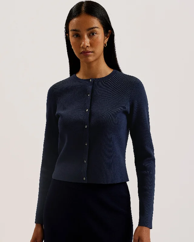 Limited Time Offer Brylle Round Neck Fitted Knit Cardigan Dk-Blue