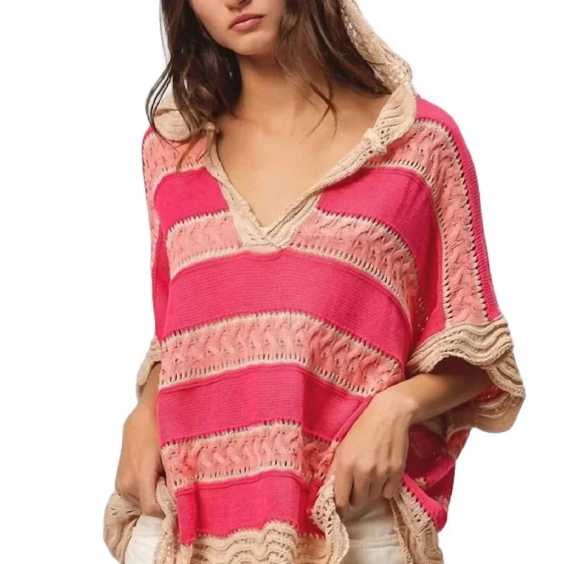 Boho Chic Fashion Stripe Waved Hem Crochet Hoodie In Fuschia