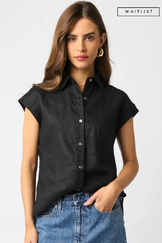 Women's Comfy Loungewear Outfit Waitlist 3/5 ♥ Jules Short Sleeve Linen Button Down Top Black