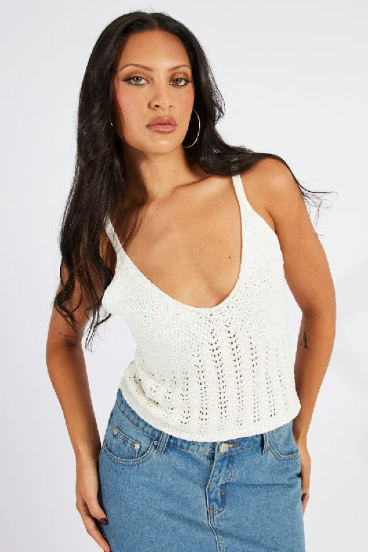 Women's Outerwear for All Weather Conditions White Crochet Knit Top Sleeveless V Neck