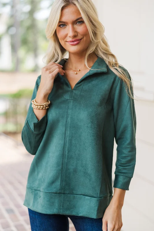 Casual Women's Clothing Never Forget Emerald Green Faux Suede Blouse