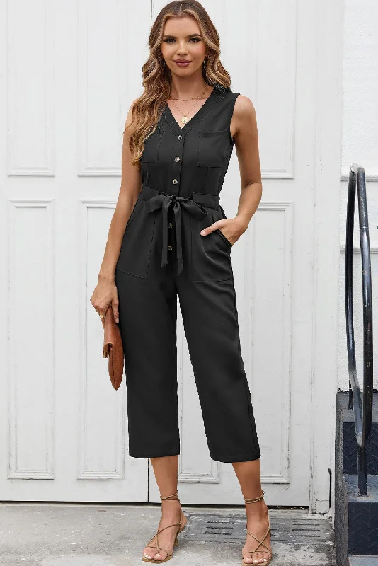 Women's Trendy Outfits Buttoned Sleeveless Cropped Jumpsuit with Sash