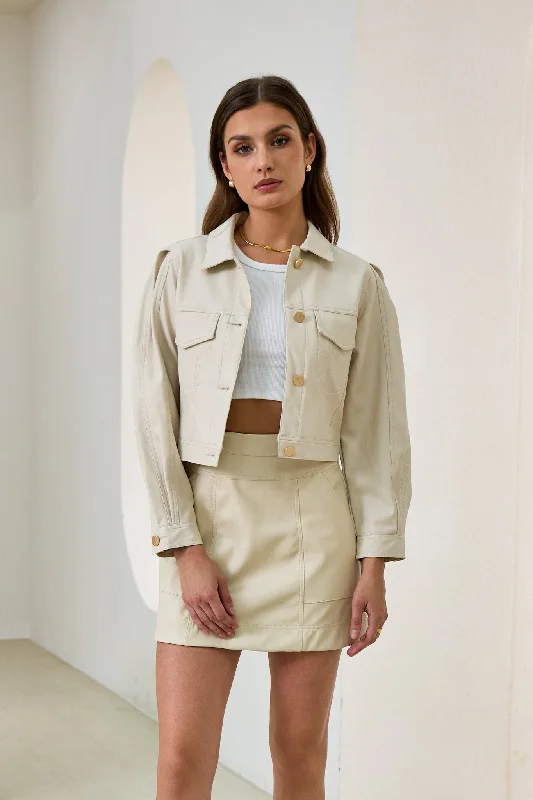 Trendy Boutique Online Aston Beige Cropped Faux Leather Jacket